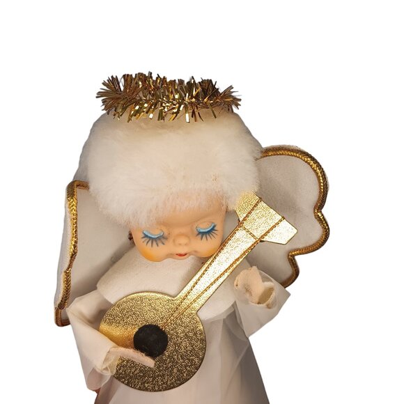 Vintage Cardboard Angel Tree Topper Playing Guitar Mandolin White Gold 9" X 4" - Picture 8 of 11